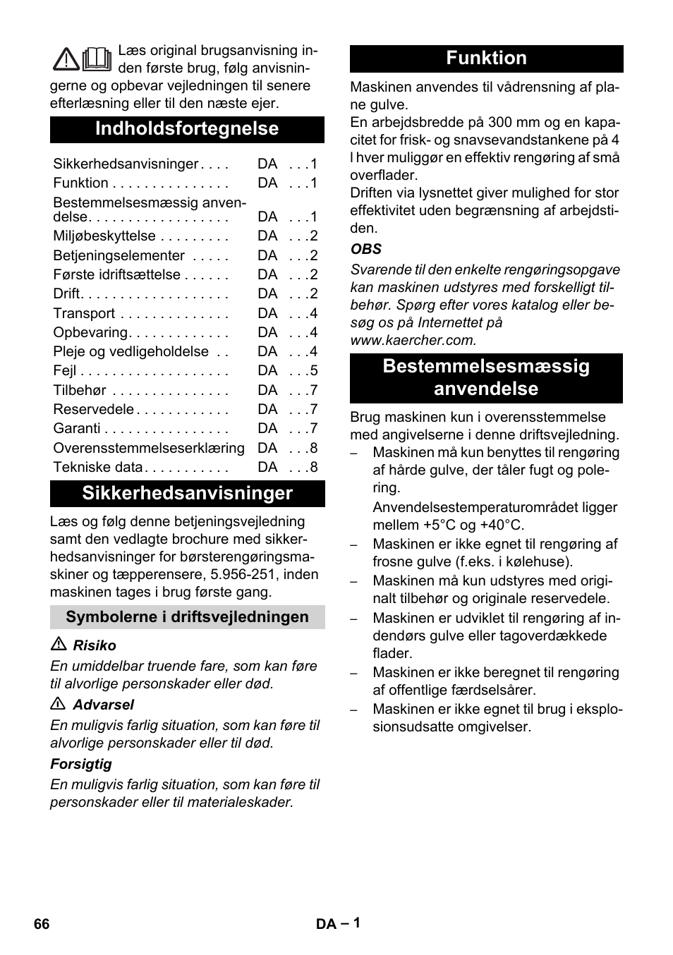 Dansk, Ελληνικά, Indholdsfortegnelse | Sikkerhedsanvisninger, Funktion bestemmelsesmæssig anvendelse | Karcher BR 30-4 C Adv User Manual | Page 66 / 244