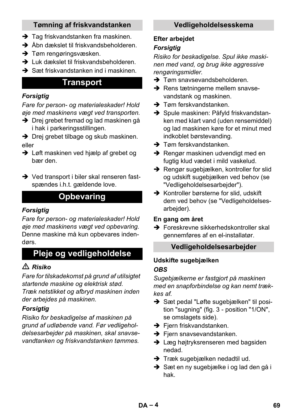 Transport opbevaring pleje og vedligeholdelse | Karcher BR 30-4 C Adv User Manual | Page 69 / 244