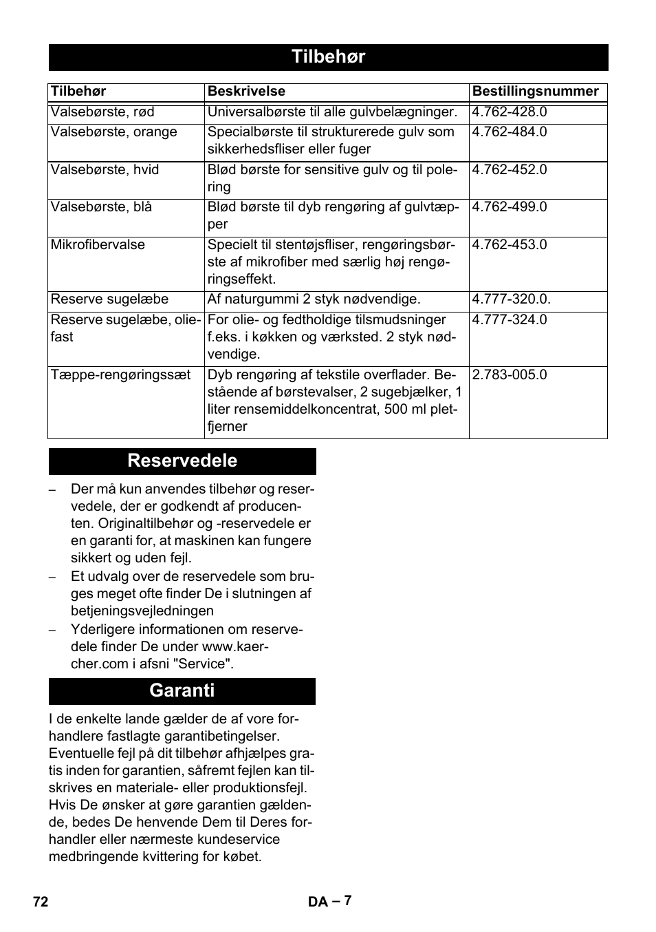 Tilbehør, Reservedele garanti | Karcher BR 30-4 C Adv User Manual | Page 72 / 244