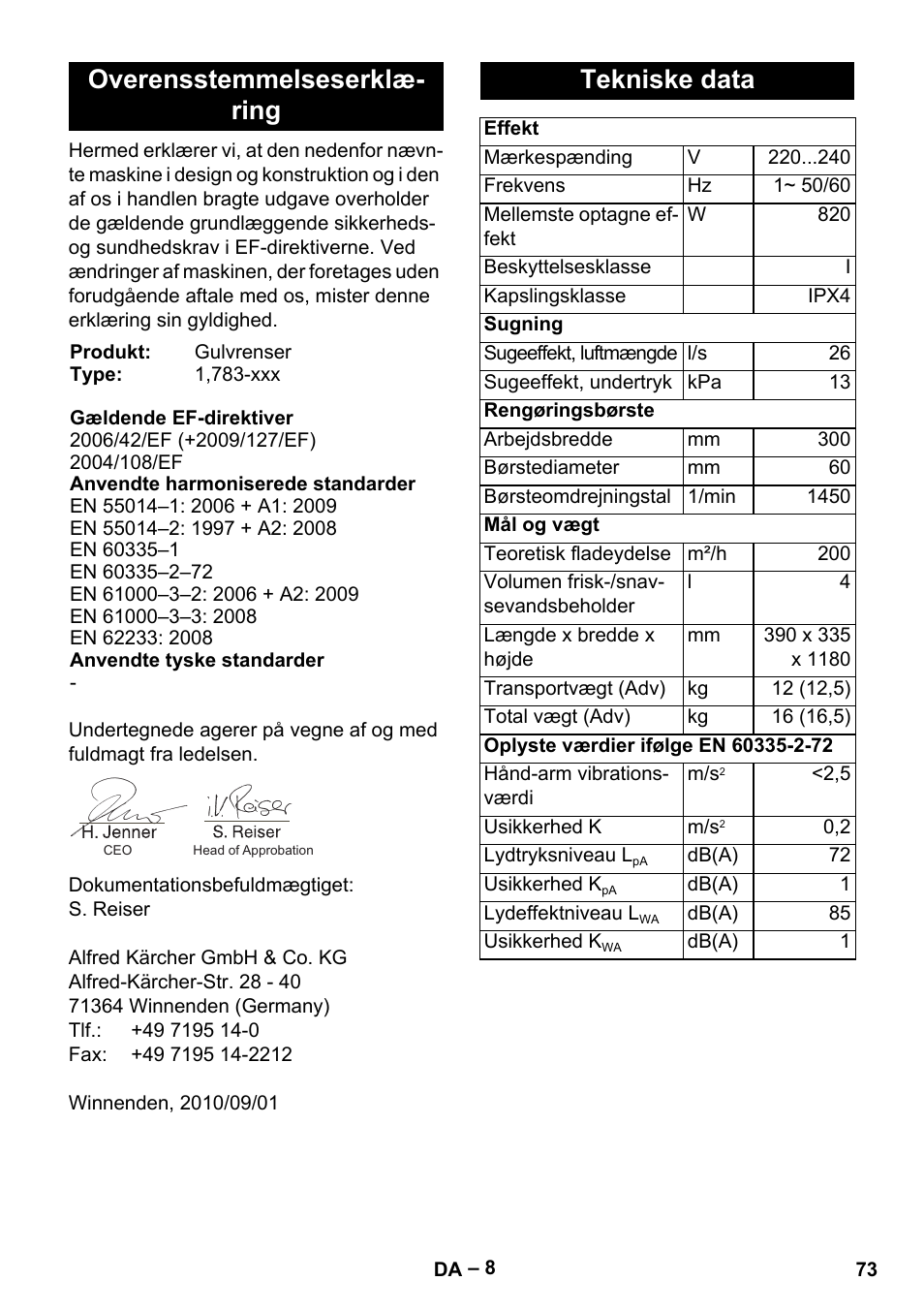 Overensstemmelseserklæ- ring, Tekniske data | Karcher BR 30-4 C Adv User Manual | Page 73 / 244