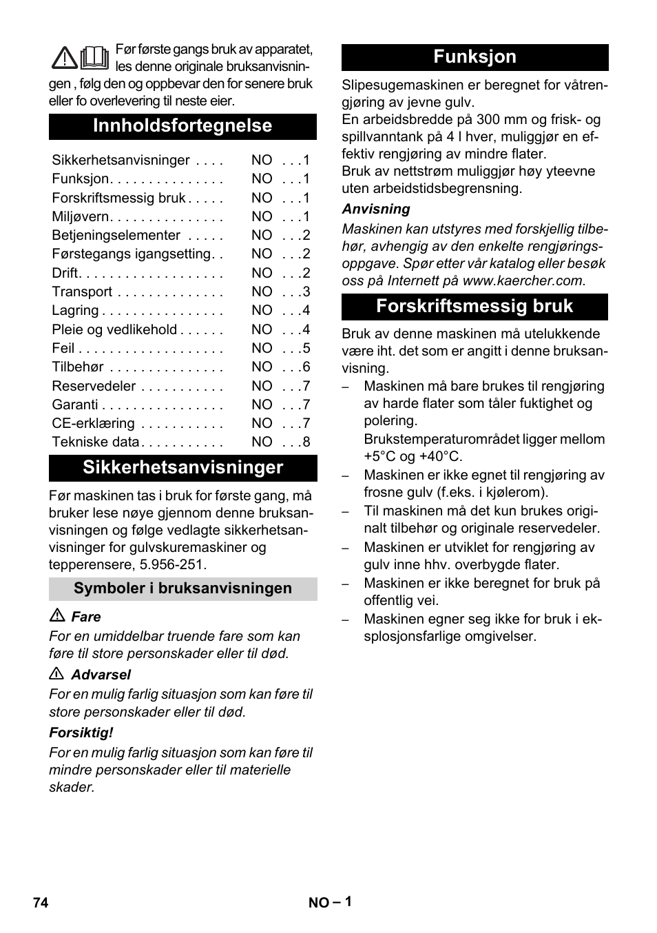 Norsk, Türkçe, Innholdsfortegnelse | Sikkerhetsanvisninger, Funksjon forskriftsmessig bruk | Karcher BR 30-4 C Adv User Manual | Page 74 / 244