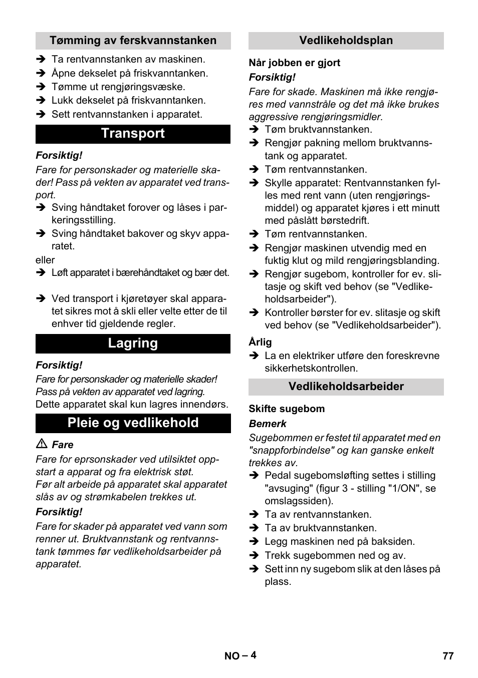 Transport lagring pleie og vedlikehold | Karcher BR 30-4 C Adv User Manual | Page 77 / 244