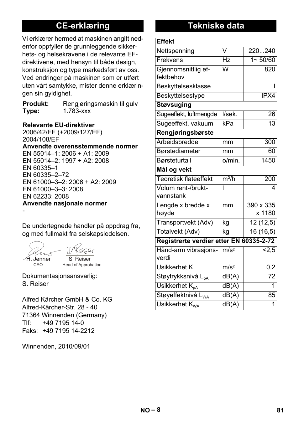 Ce-erklæring, Tekniske data | Karcher BR 30-4 C Adv User Manual | Page 81 / 244