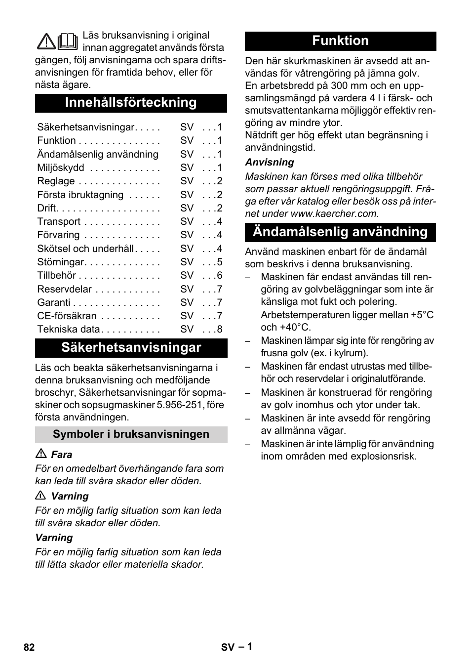 Svenska, Русский, Innehållsförteckning | Säkerhetsanvisningar, Funktion ändamålsenlig användning | Karcher BR 30-4 C Adv User Manual | Page 82 / 244