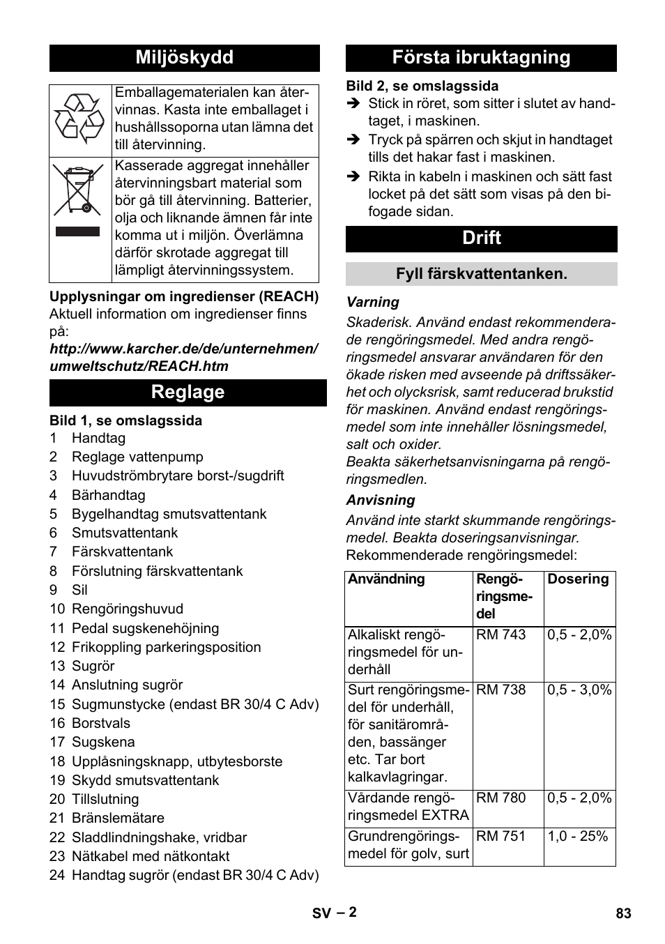 Miljöskydd, Reglage första ibruktagning drift | Karcher BR 30-4 C Adv User Manual | Page 83 / 244