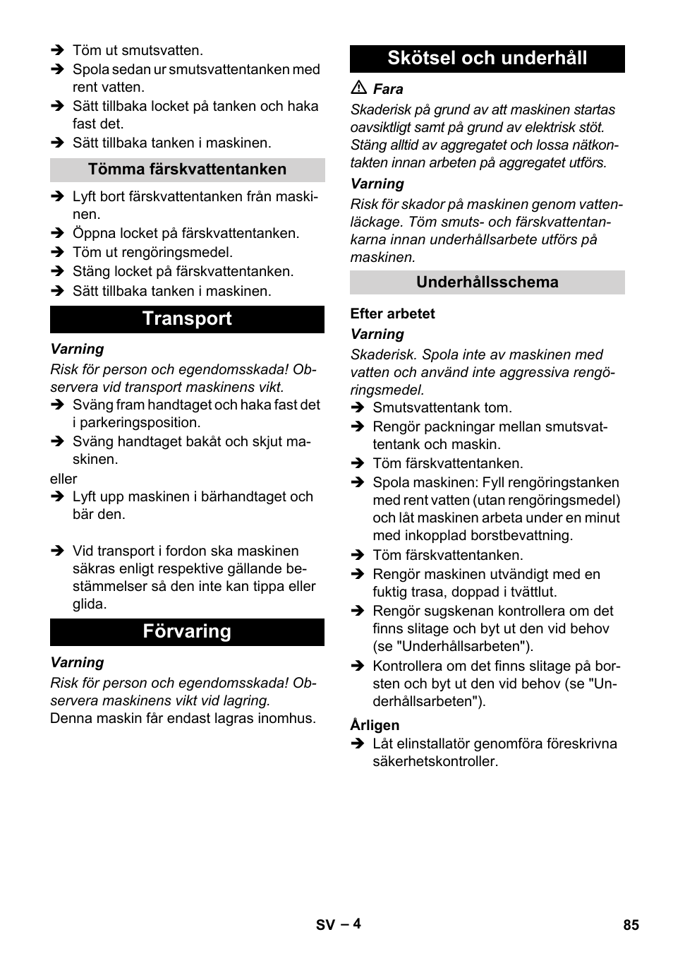 Transport förvaring skötsel och underhåll | Karcher BR 30-4 C Adv User Manual | Page 85 / 244