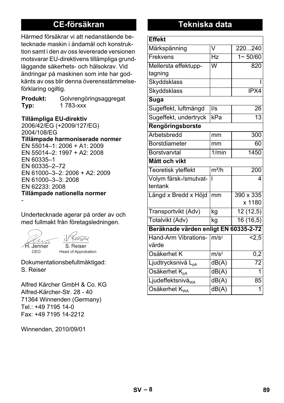 Ce-försäkran, Tekniska data | Karcher BR 30-4 C Adv User Manual | Page 89 / 244