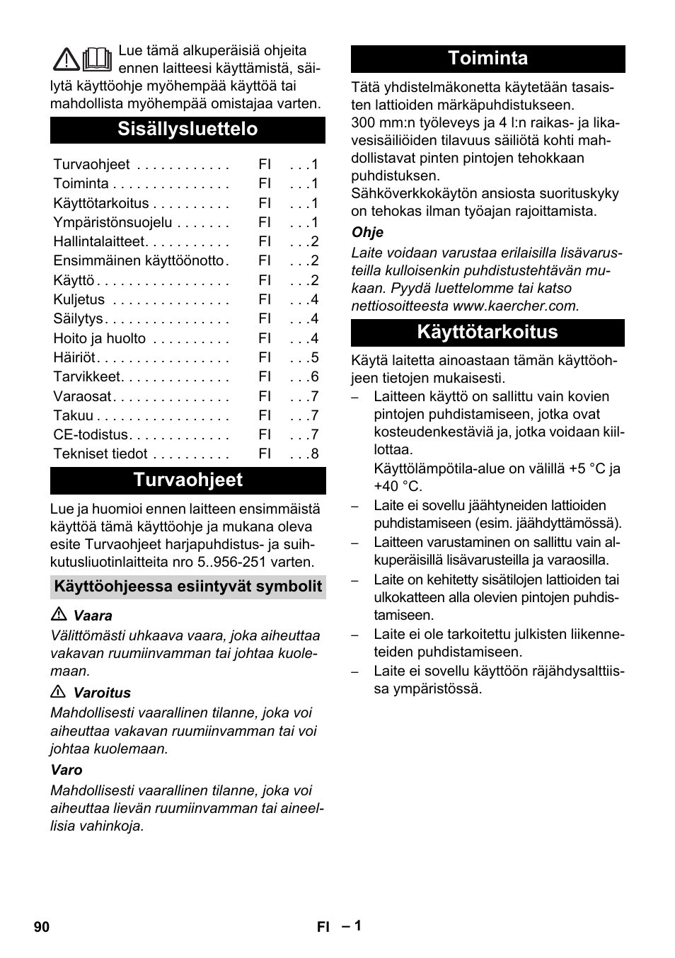 Suomi, Magyar, Sisällysluettelo | Turvaohjeet, Toiminta käyttötarkoitus | Karcher BR 30-4 C Adv User Manual | Page 90 / 244