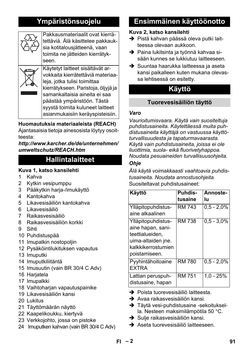 Ympäristönsuojelu, Hallintalaitteet ensimmäinen käyttöönotto käyttö | Karcher BR 30-4 C Adv User Manual | Page 91 / 244