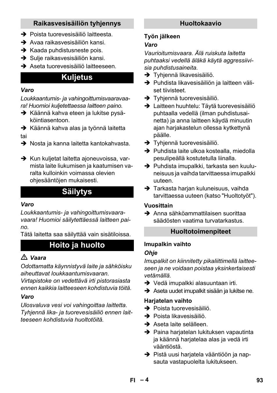 Kuljetus säilytys hoito ja huolto | Karcher BR 30-4 C Adv User Manual | Page 93 / 244