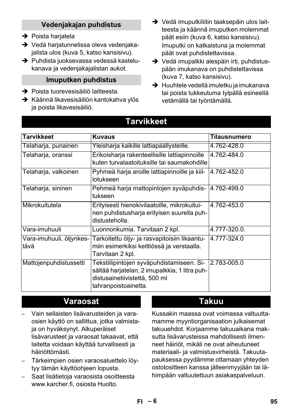 Tarvikkeet, Varaosat takuu | Karcher BR 30-4 C Adv User Manual | Page 95 / 244