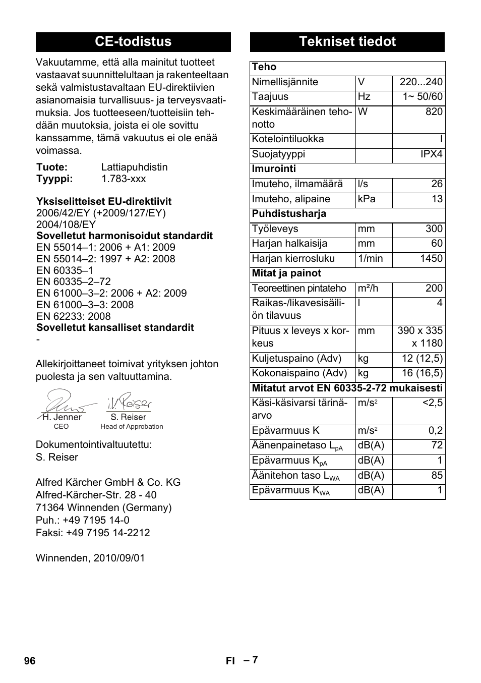 Ce-todistus, Tekniset tiedot | Karcher BR 30-4 C Adv User Manual | Page 96 / 244