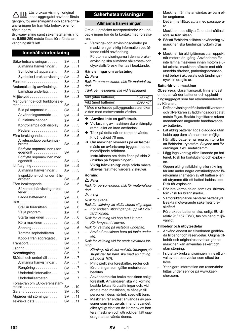 Svenska, Innehållsförteckning, Säkerhetsanvisningar | Karcher KM 150-500 BAT User Manual | Page 102 / 332