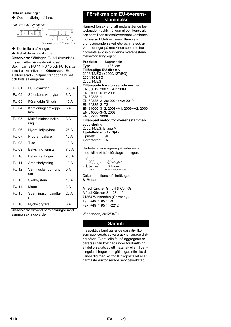 Försäkran om eu-överens- stämmelse, Garanti | Karcher KM 150-500 BAT User Manual | Page 110 / 332