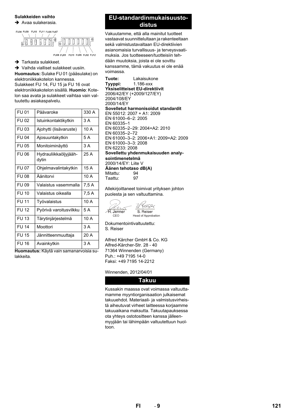 Eu-standardinmukaisuusto- distus, Takuu | Karcher KM 150-500 BAT User Manual | Page 121 / 332