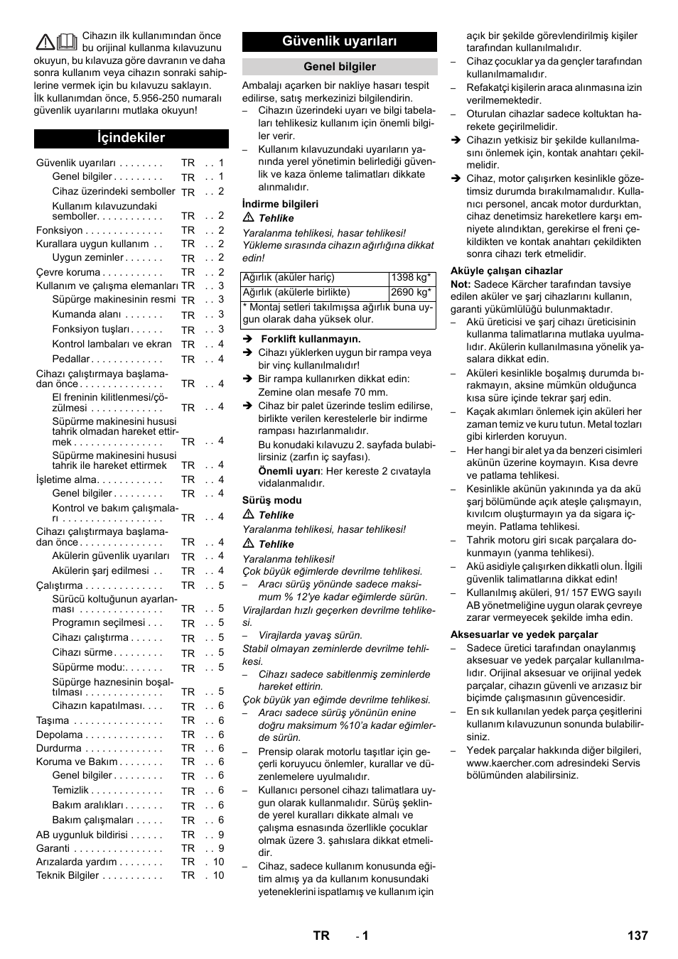 Türkçe, Içindekiler, Güvenlik uyarıları | Karcher KM 150-500 BAT User Manual | Page 137 / 332