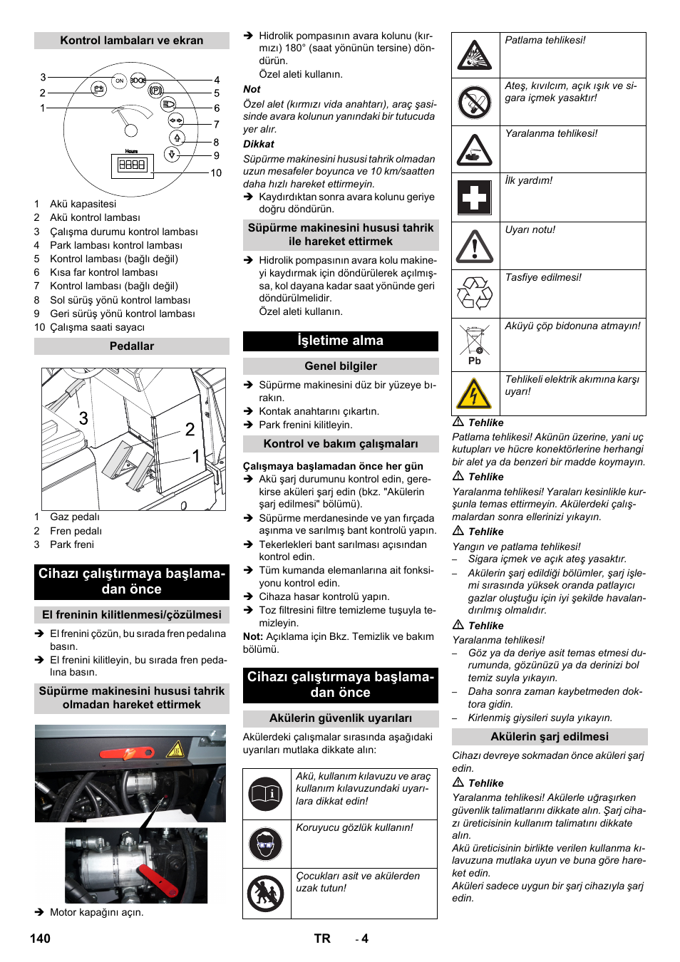 Cihazı çalıştırmaya başlama- dan önce, Işletime alma | Karcher KM 150-500 BAT User Manual | Page 140 / 332