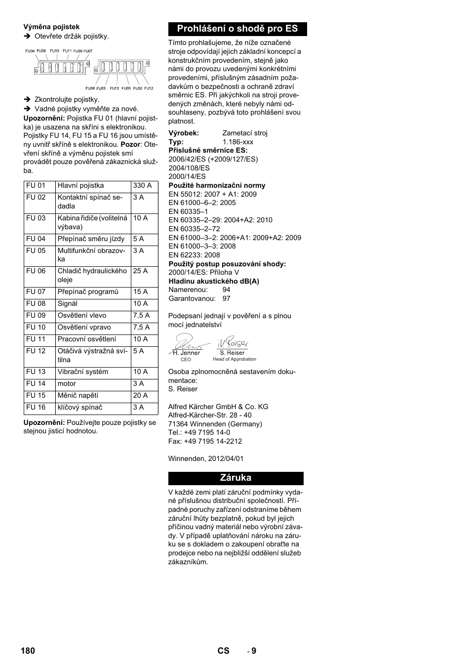 Prohlášení o shodě pro es, Záruka | Karcher KM 150-500 BAT User Manual | Page 180 / 332