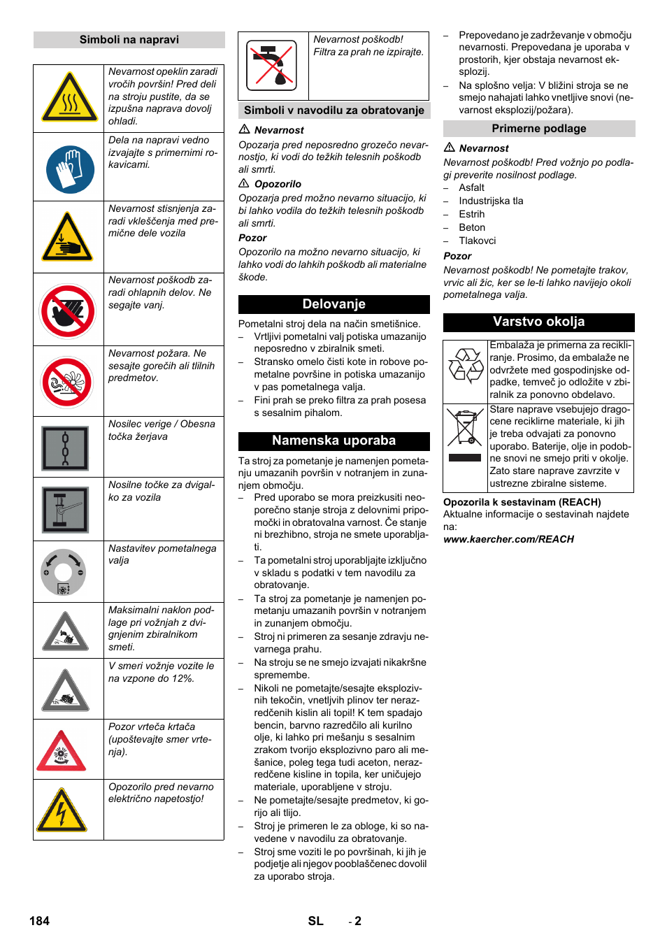 Delovanje namenska uporaba, Varstvo okolja | Karcher KM 150-500 BAT User Manual | Page 184 / 332