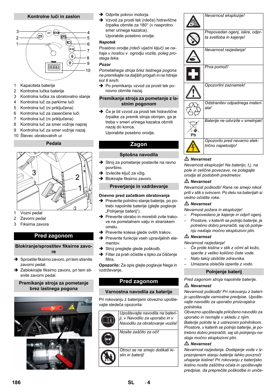 Pred zagonom, Zagon | Karcher KM 150-500 BAT User Manual | Page 186 / 332