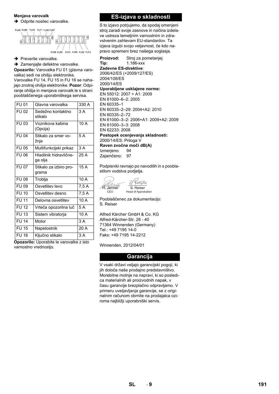 Es-izjava o skladnosti, Garancija | Karcher KM 150-500 BAT User Manual | Page 191 / 332