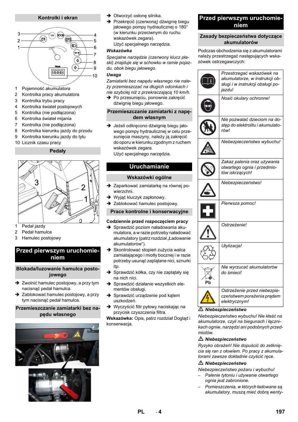 Przed pierwszym uruchomie- niem, Uruchamianie | Karcher KM 150-500 BAT User Manual | Page 197 / 332