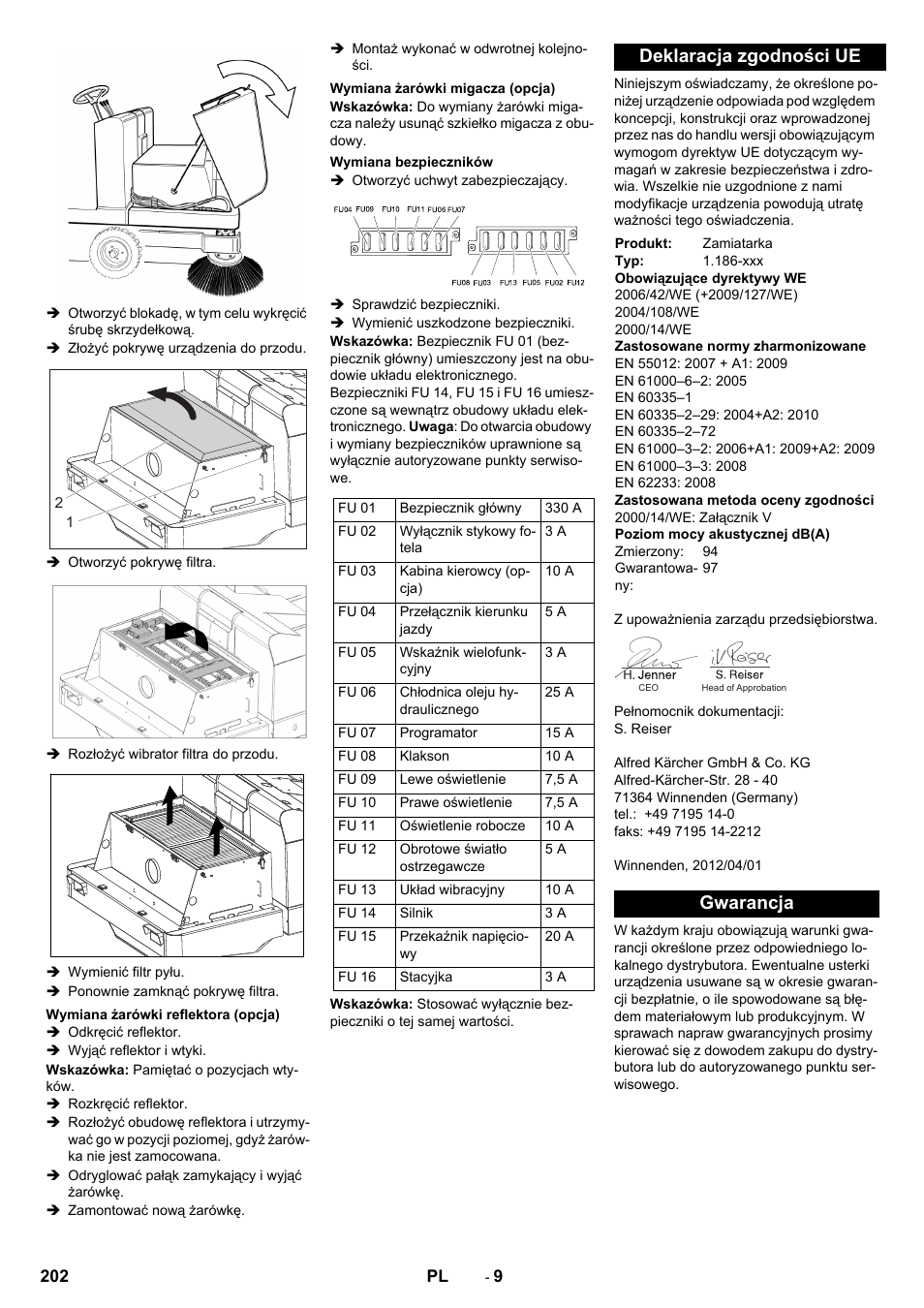 Deklaracja zgodności ue, Gwarancja | Karcher KM 150-500 BAT User Manual | Page 202 / 332