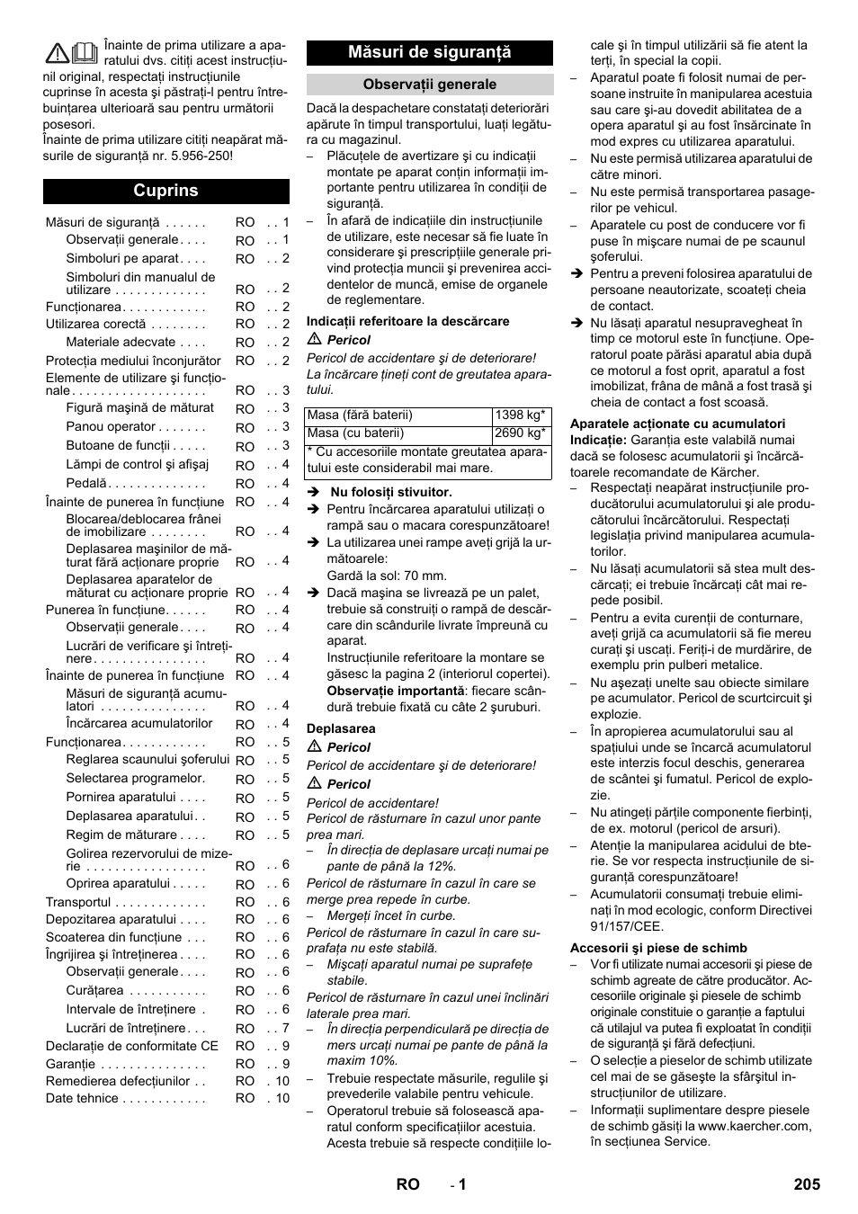 Româneşte, Cuprins, Măsuri de siguranţă | Karcher KM 150-500 BAT User Manual | Page 205 / 332