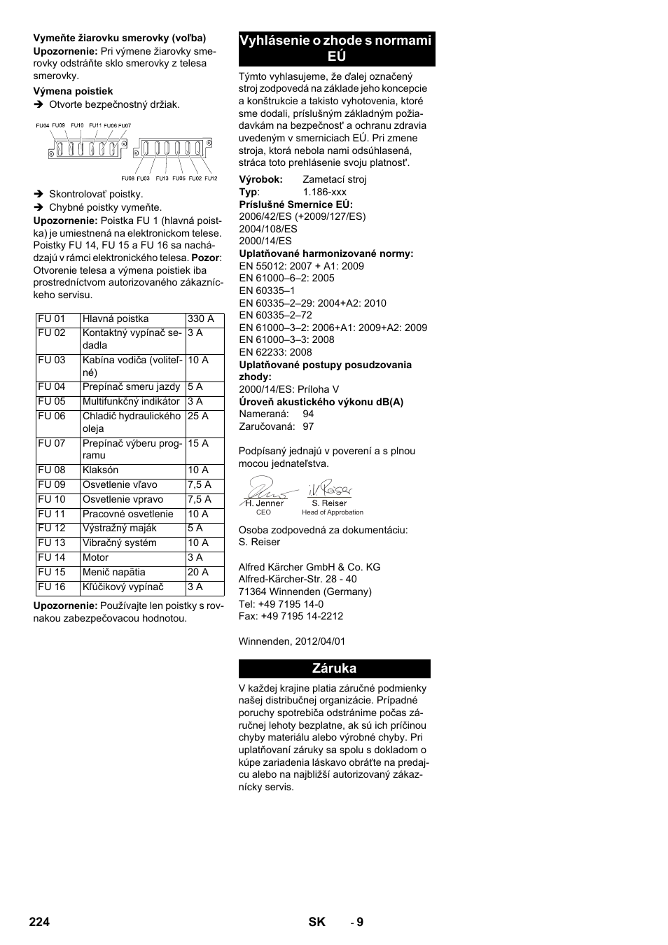 Vyhlásenie o zhode s normami eú, Záruka | Karcher KM 150-500 BAT User Manual | Page 224 / 332