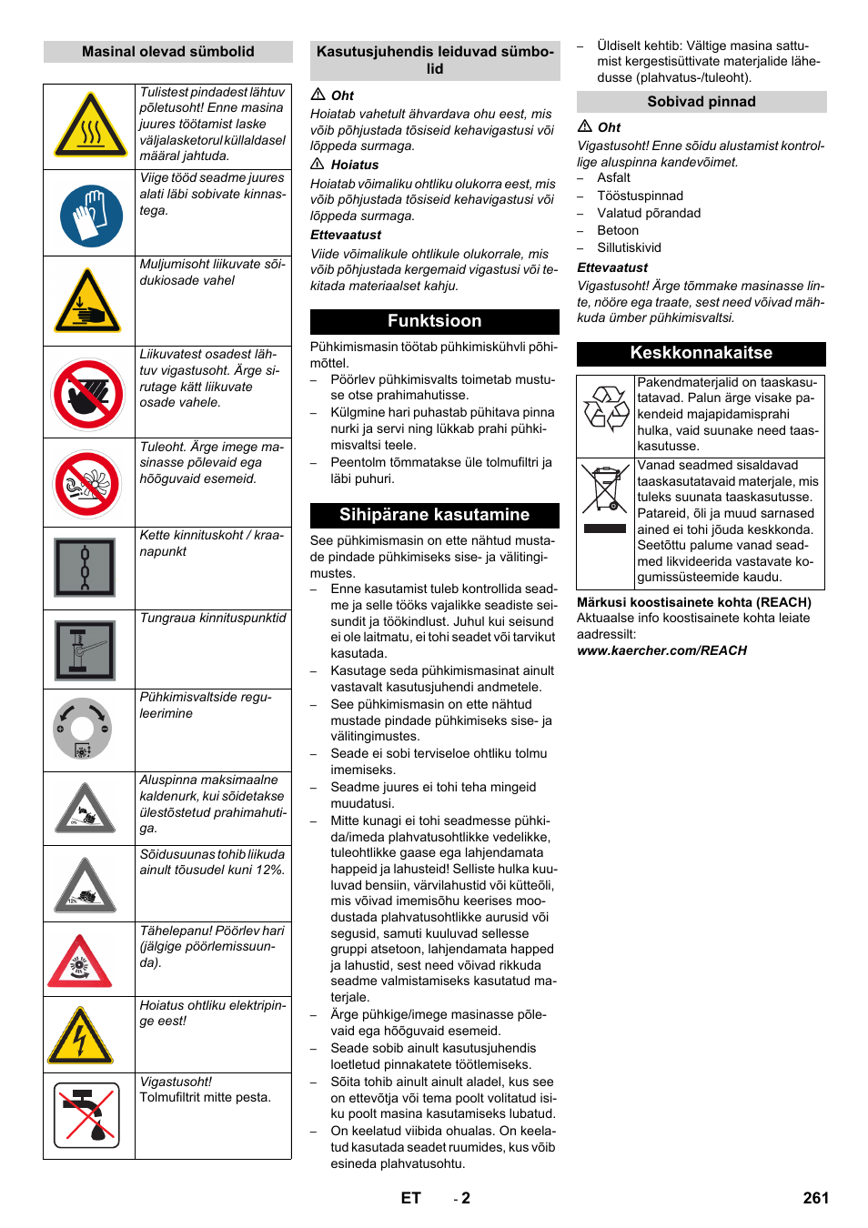 Funktsioon sihipärane kasutamine, Keskkonnakaitse | Karcher KM 150-500 BAT User Manual | Page 261 / 332