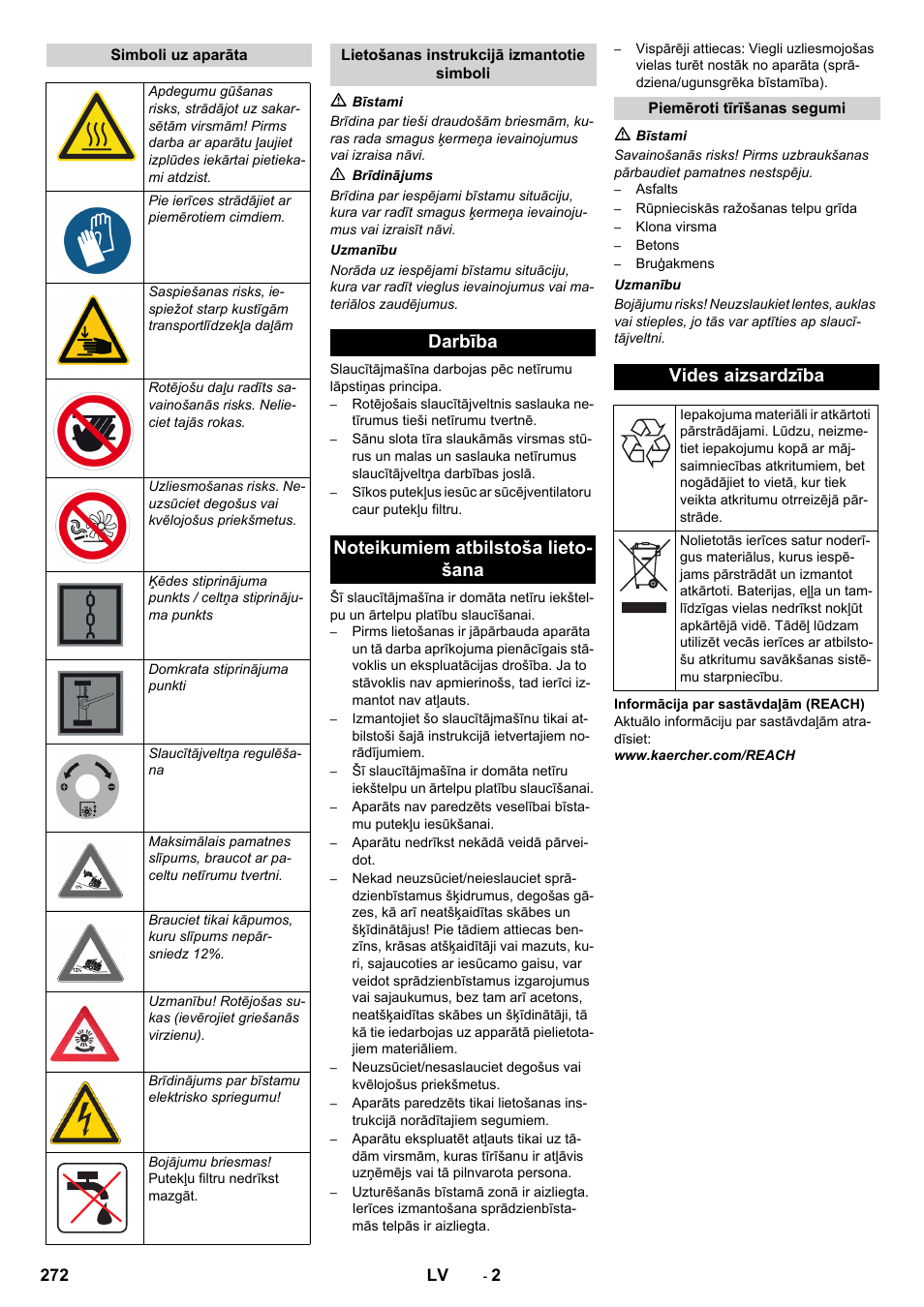 Vides aizsardzība | Karcher KM 150-500 BAT User Manual | Page 272 / 332