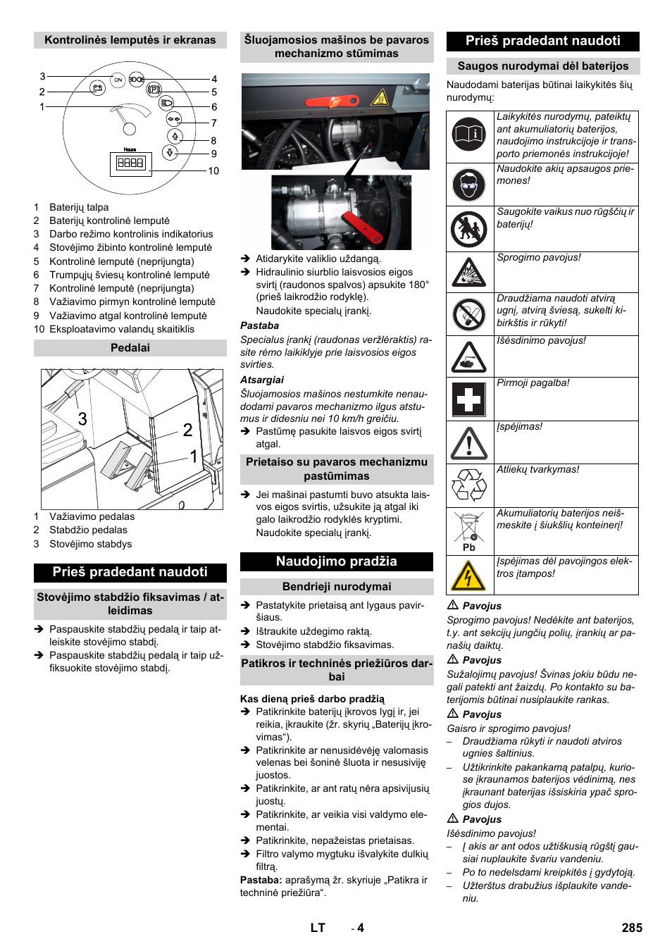 Prieš pradedant naudoti, Naudojimo pradžia | Karcher KM 150-500 BAT User Manual | Page 285 / 332