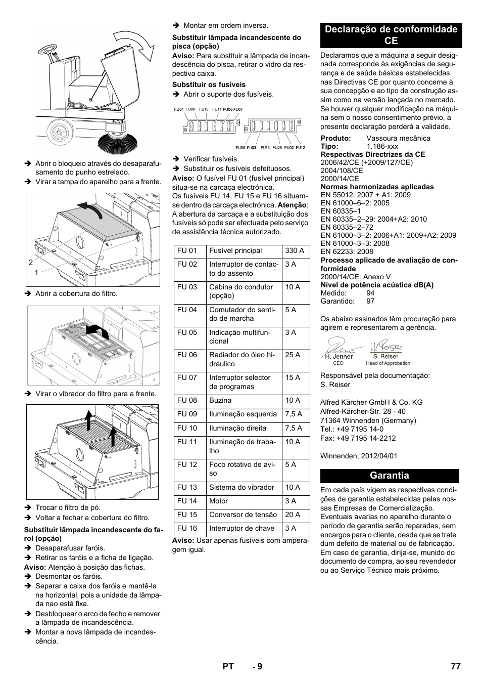 Declaração de conformidade ce, Garantia | Karcher KM 150-500 BAT User Manual | Page 77 / 332