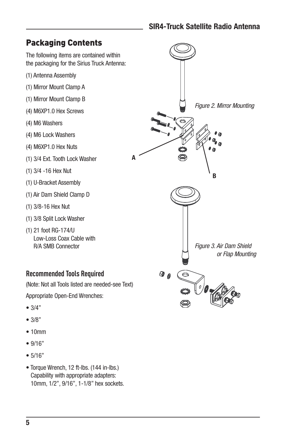 Packaging contents, Sir4-truck satellite radio antenna, Recommended tools required | Audiovox TERK SIR4 User Manual | Page 5 / 12