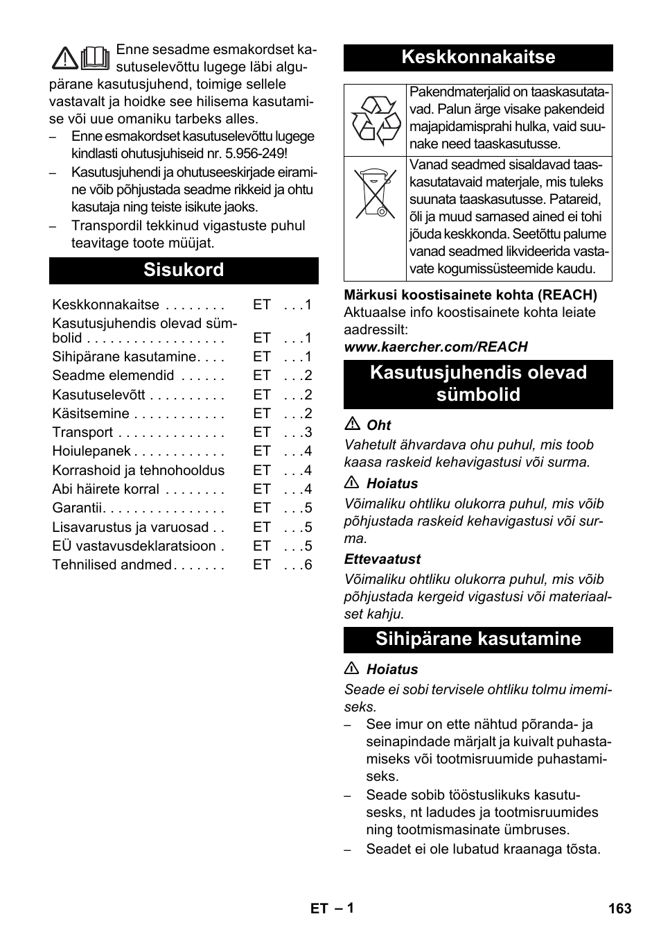 Eesti, Sisukord, Keskkonnakaitse | Karcher IVC 60-30 Tact User Manual | Page 163 / 192