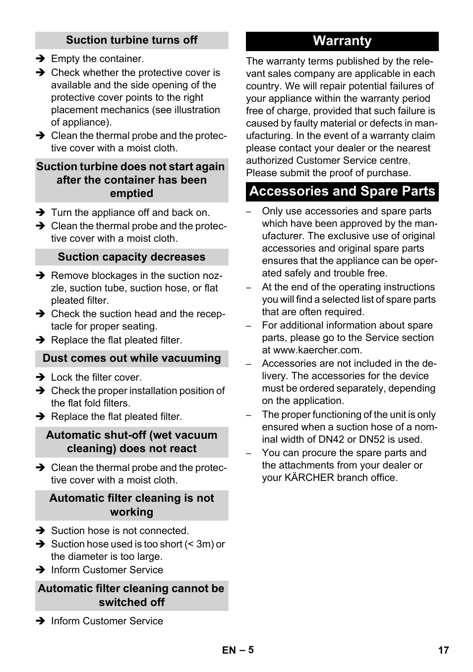 Warranty accessories and spare parts | Karcher IVC 60-30 Tact User Manual | Page 17 / 192