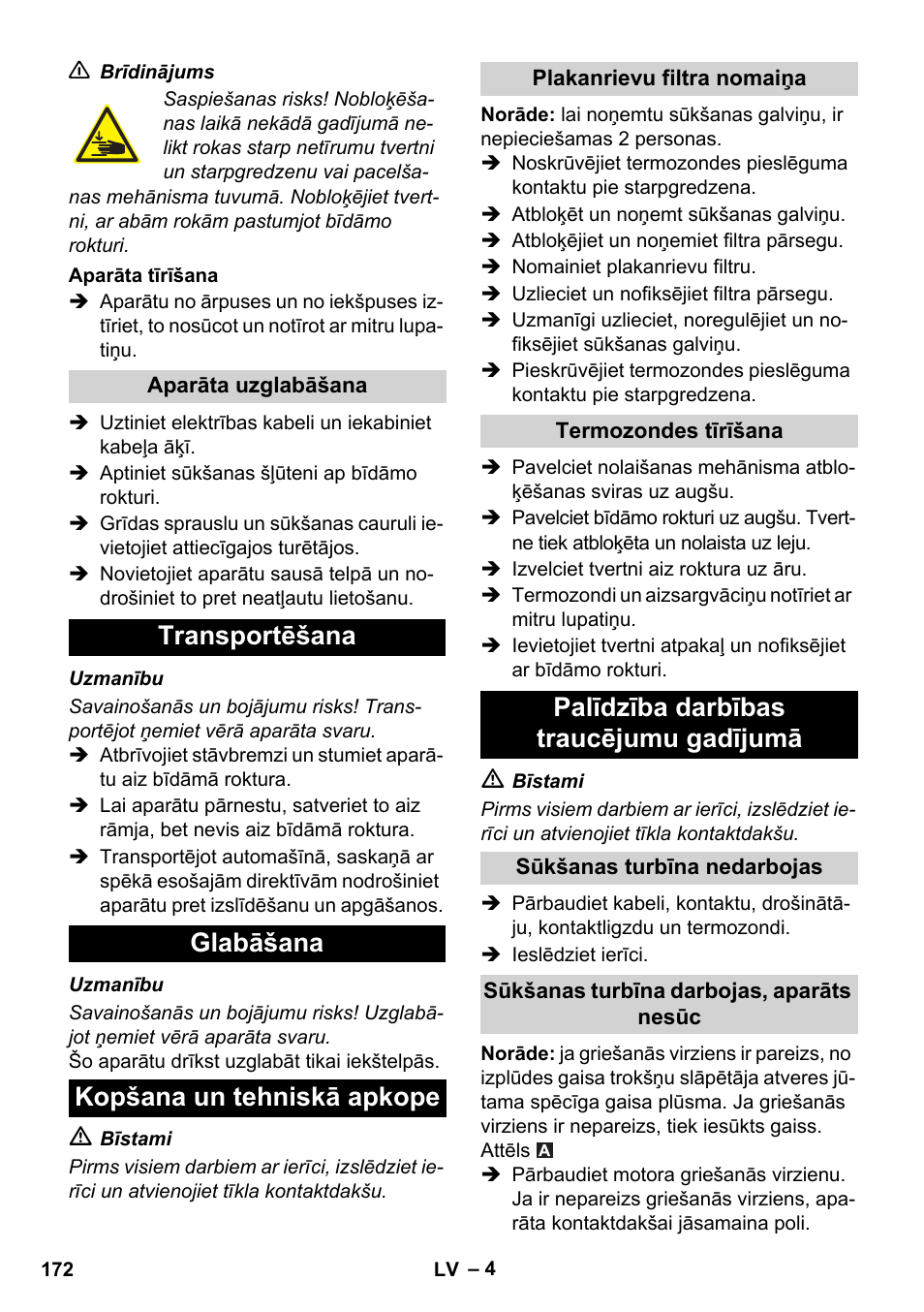 Palīdzība darbības traucējumu gadījumā | Karcher IVC 60-30 Tact User Manual | Page 172 / 192