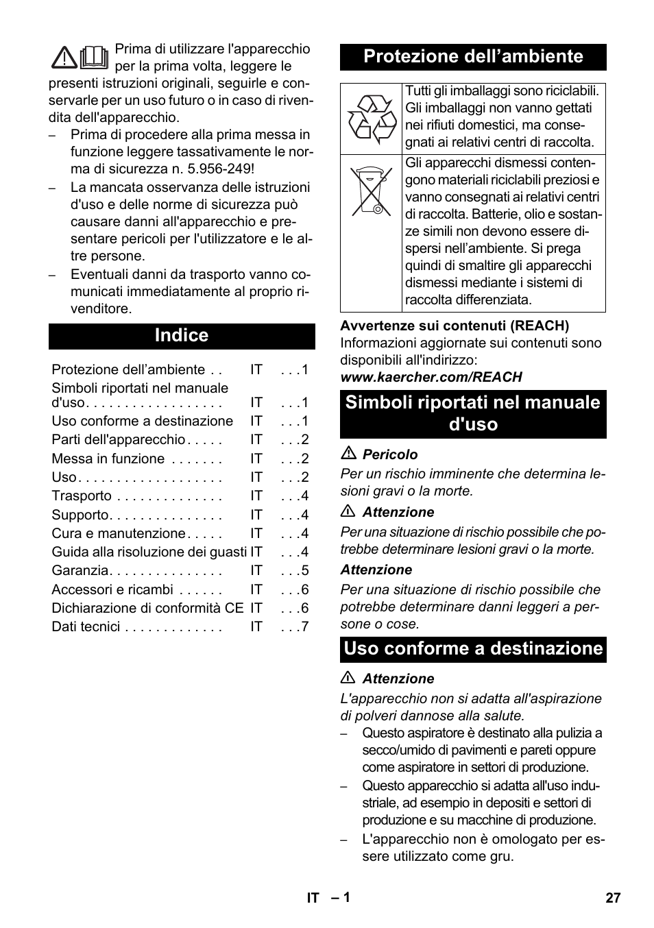 Italiano, Indice, Protezione dell’ambiente | Karcher IVC 60-30 Tact User Manual | Page 27 / 192