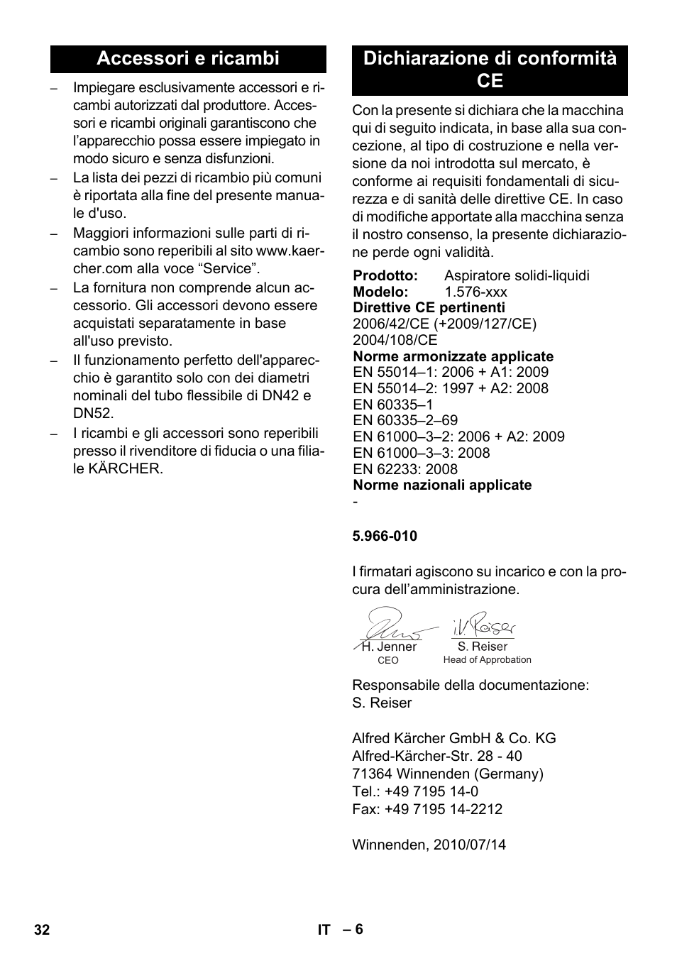 Accessori e ricambi dichiarazione di conformità ce | Karcher IVC 60-30 Tact User Manual | Page 32 / 192