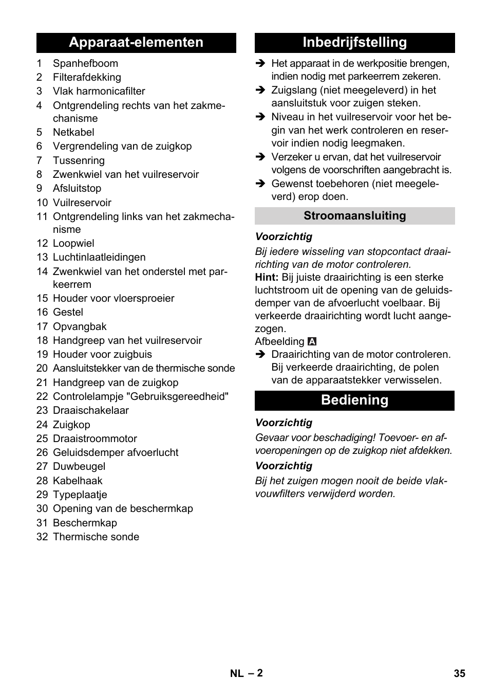 Apparaat-elementen inbedrijfstelling, Bediening | Karcher IVC 60-30 Tact User Manual | Page 35 / 192