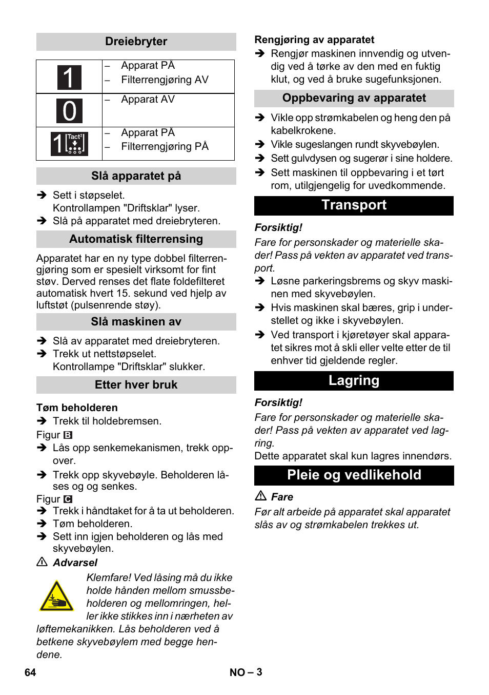 Transport lagring pleie og vedlikehold | Karcher IVC 60-30 Tact User Manual | Page 64 / 192