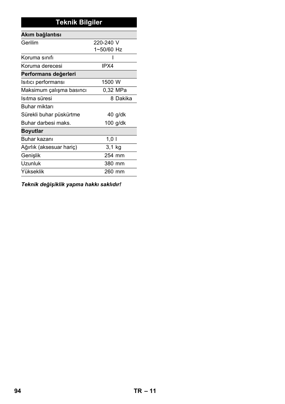 Teknik bilgiler | Karcher SC 1-020 User Manual | Page 94 / 202