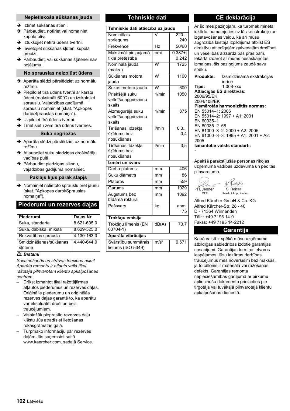 Piederumi un rezerves daļas, Tehniskie dati, Ce deklarācija | Garantija | Karcher BRC 45-45 C User Manual | Page 102 / 112