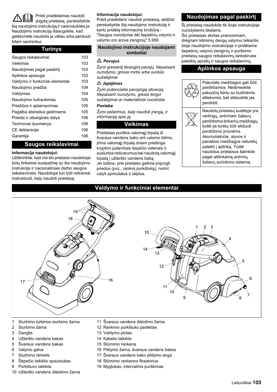 Turinys saugos reikalavimai, Valdymo ir funkciniai elementai | Karcher BRC 45-45 C User Manual | Page 103 / 112