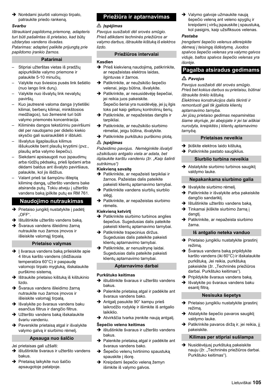 Naudojimo nutraukimas, Priežiūra ir aptarnavimas, Pagalba atsiradus gedimams | Karcher BRC 45-45 C User Manual | Page 105 / 112