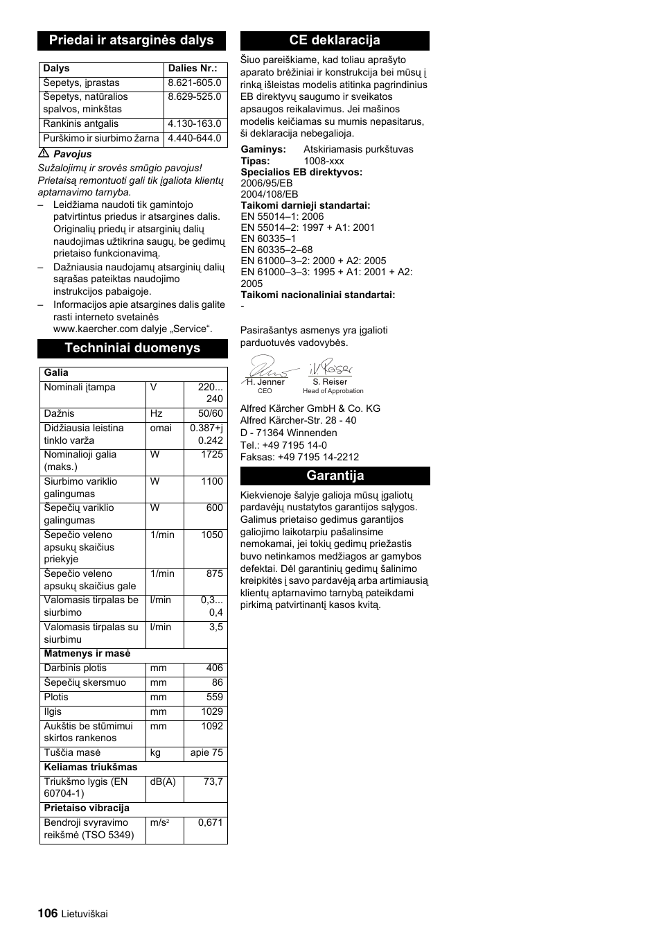 Priedai ir atsarginės dalys, Techniniai duomenys, Ce deklaracija | Garantija | Karcher BRC 45-45 C User Manual | Page 106 / 112