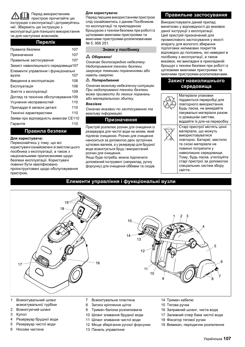 Перелік правила безпеки, Елементи управління і функціональні вузли | Karcher BRC 45-45 C User Manual | Page 107 / 112