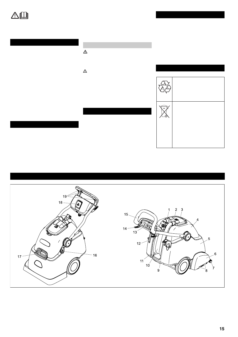 Indice norme di sicurezza, Elementi di comando e di funzione | Karcher BRC 45-45 C User Manual | Page 15 / 112