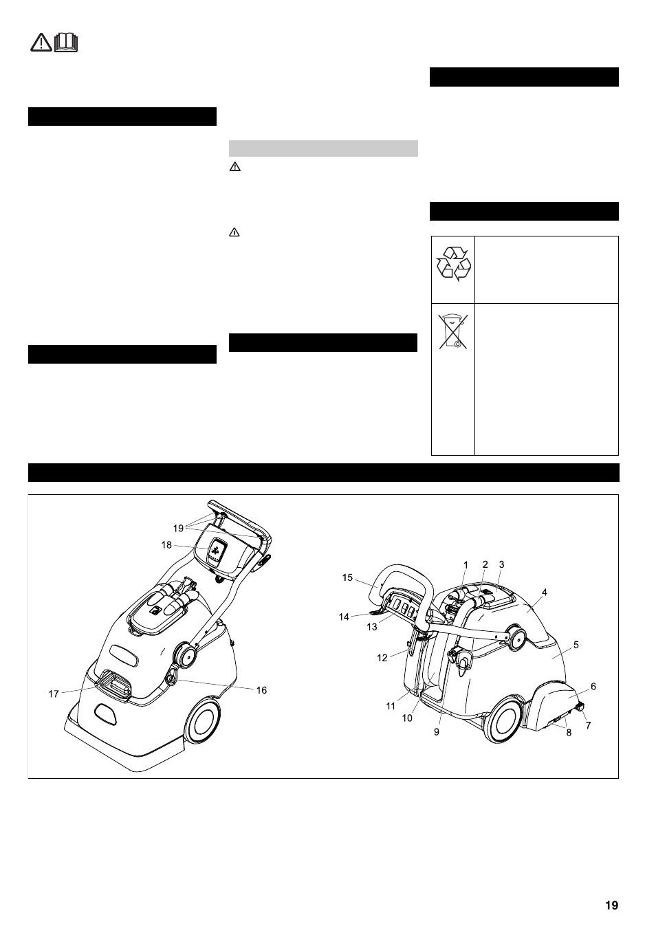 Inhoudsopgave veiligheidsinstructies, Functie reglementair gebruik zorg voor het milieu, Elementen voor de bediening en de functies | Karcher BRC 45-45 C User Manual | Page 19 / 112