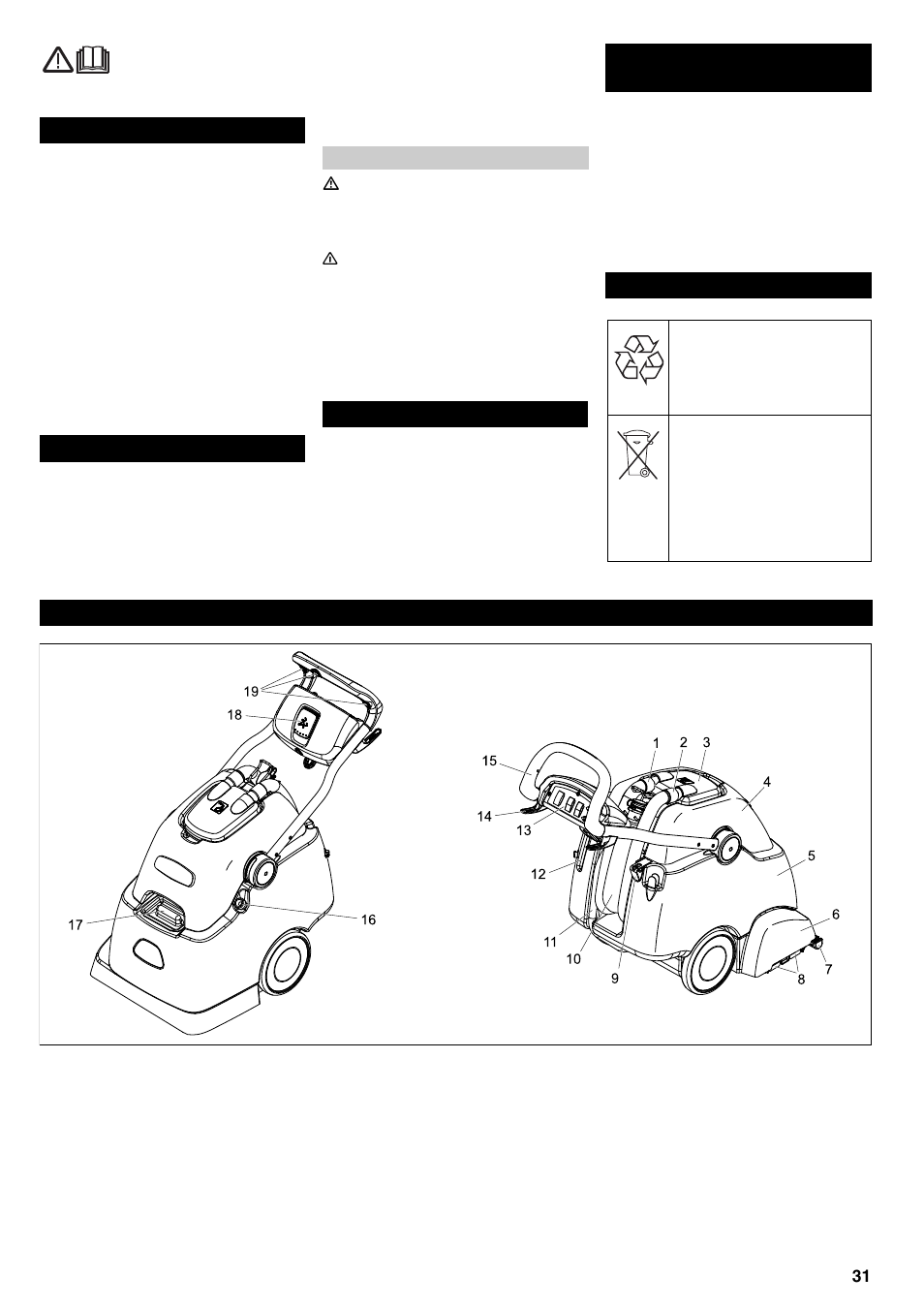 Indholdsfortegnelse sikkerhedsanvisninger, Betjenings- og funktionselementer | Karcher BRC 45-45 C User Manual | Page 31 / 112